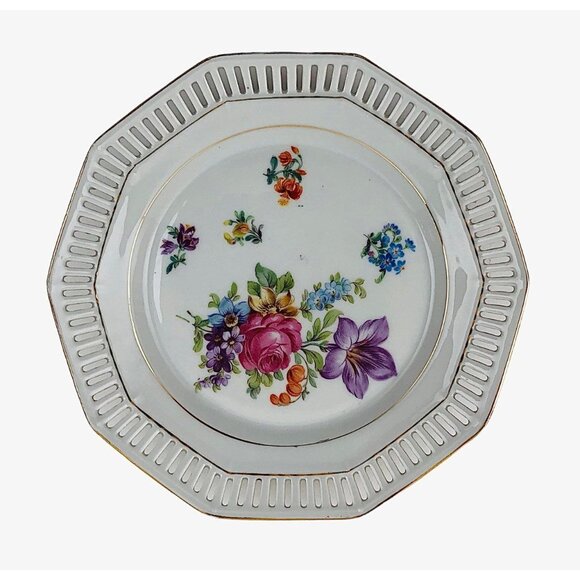 Schumann Small Plate Bavaria Floral Pattern Reticulated Gold Trim Vintage - Picture 1 of 10